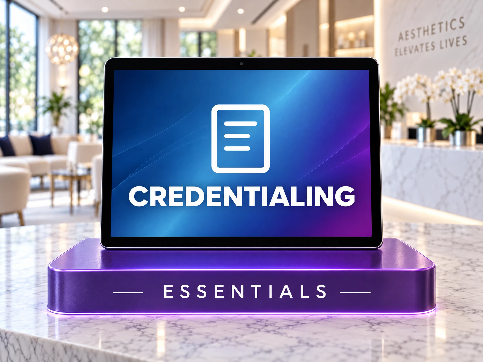 Credentialing tablet matching the Authority + Trust Essentials collection
