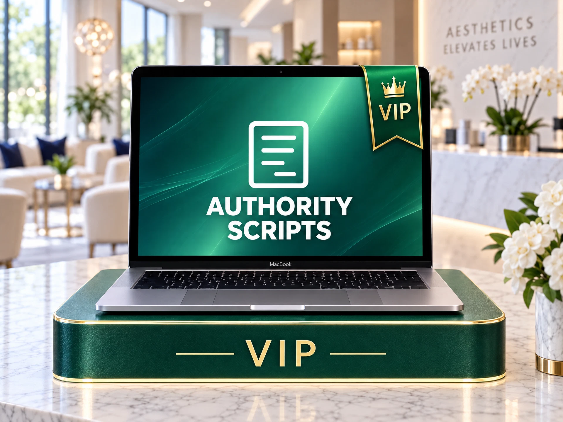 VIP Authority Scripts laptop with a green ribbon and matching podium