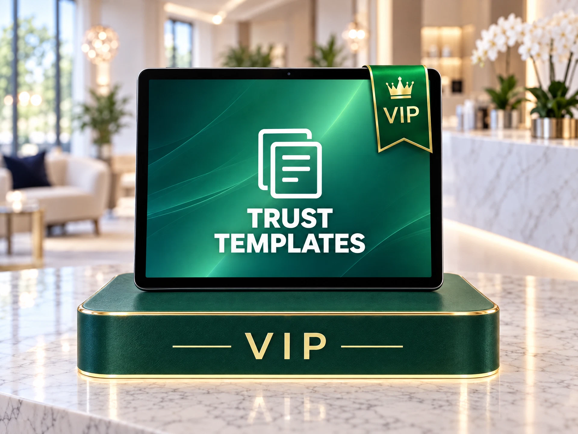 VIP Trust Templates tablet with a green ribbon and matching podium